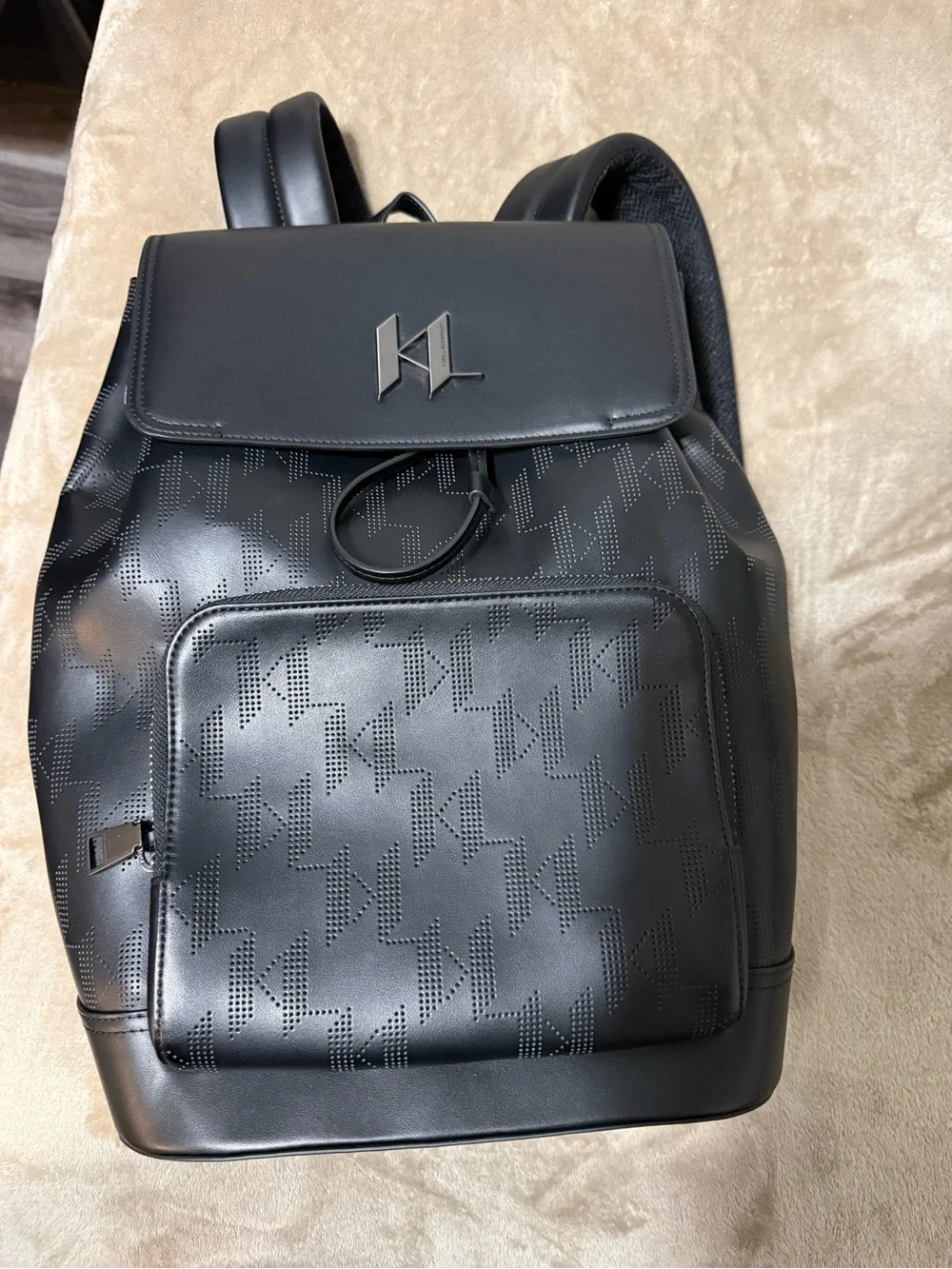 Men Karl Lagerfeld Black Perforated Leather Backpack